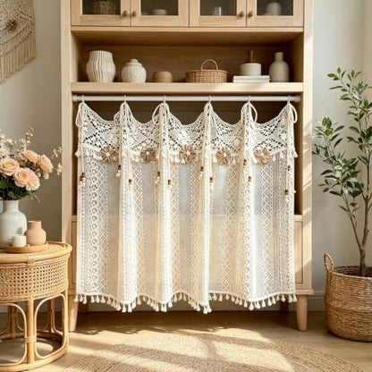 Boho Crochet Lace Sheer Curtain Valance for Window Kitchen Doorway Entryway - size: 55"W x 20"L (Pack of 1)