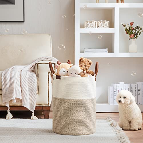 VIPOSCO 53L Tall Woven Rope Laundry Hamper, Leather Handles, White & Brown - color: Brown, size: 53L