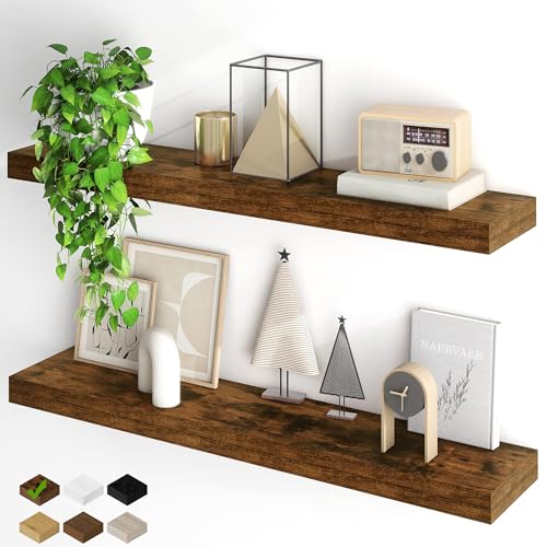 Fun Memories Floating Shelves for Wall, 40Inch Floating Shelves Set of 2, Hanging Shelf with Invisible Brackets, Wood Shelves for Living Room, Bedroom, Kitchen, Brown - color: Brown, size: 6.5"D x 40"L
