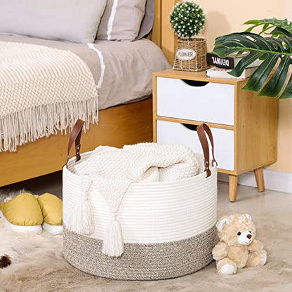 KAKAMAY Large Blanket Basket (20"x13"),Woven Baskets for storage Baby Laundry Hamper,Cotton Rope Blanket Basket for Living Room, Laundry, Nursery, Pillows, Baby Toy chest (White/Beige) - color: Cream and Beige