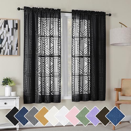 Simplebrand Black Semi Sheer Curtains 63 Inch Length 2 Panels, Light Filtering Geometric Jacquard Clip Textured Short Sheer Curtains for Bedroom，Modern Elegant Window Curtains Drapes，42x63 inch - color: Black, size: 42"W x 63"L (Pack of 2)