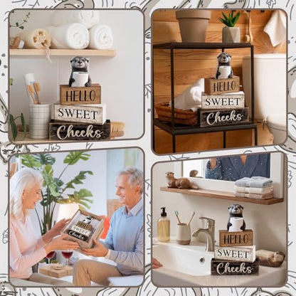 Moucuny 4 Pcs Otter Bathroom Decor Wooden Block Signs Hello Sweet Cheeks - style: Bathroom Otter