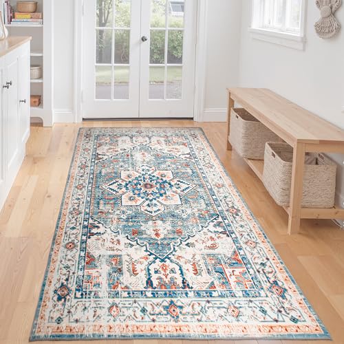 Area Rug 2x6 Hallway Runner Rugs,Non Slip Machine Washable Hallway Runner Rug Soft Bedroom Rug, Low PileLightweight Rugs for Entryway, Hallway, Kitchen and Corridor - color: Light Blue/Cream/Red, size: 2' x 6' (Rectangular)