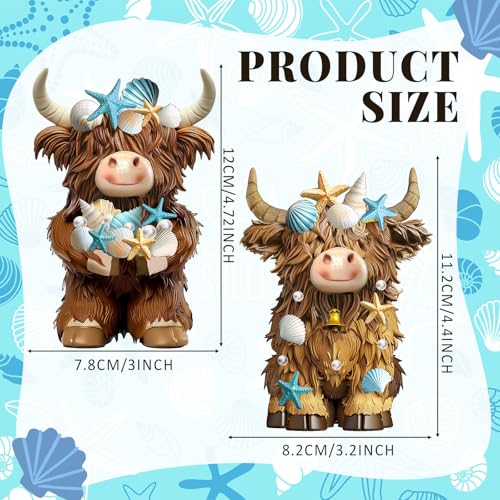 2 Pcs Coastal Highland Cow Figurines Decor, Beach Ocean Style - style: Beach