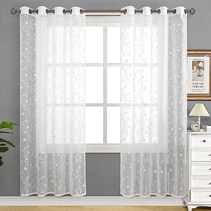 BGment White Sheer Curtains 84 Inches Long Living Room 2 Panels - color: White- Flower, size: 52"W x 84"L (Pack of 2)