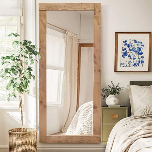 71x32in Full Length Mirror, Solid Wood Convex Frame, Light Brown - color: Light Brown-convex Frame, size: 71"L x 32"W