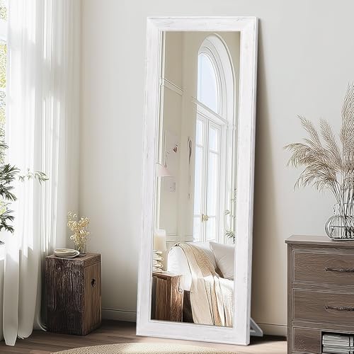 65x22in Full Length Mirror, Rustic White Beveled Wood Frame - color: White-beveled Frame, size: 65"L x 22"W