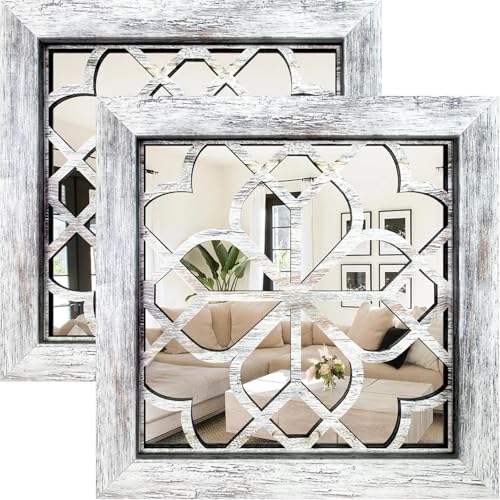 Boho Wall Mirror Decor, Set of 2 Rustic Farmhouse Accent Mirrors 12x12 Inch, Square Acrylic Shatterproof Vintage Style Mirror for Wall, Small Decorative Mirrors for Living Room, Bedroom, Grey - color: Grey（2pcs）, size: 12"L x 12"W