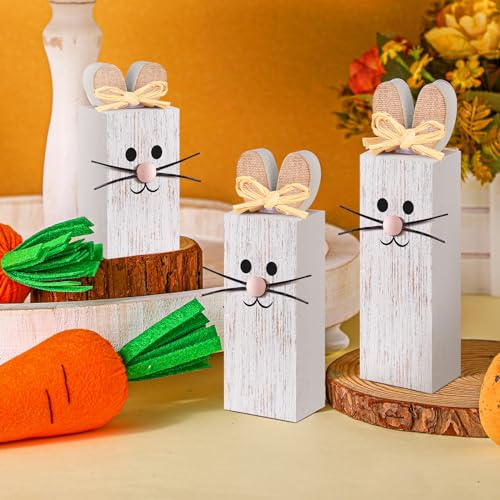 BBTO 3 Pcs Easter Table Decor Bunny Wooden Tiered Tray Decor Rabbit Tabletop Decoration Block Sign Table Centerpiece for Spring Home Decoration Home Shelf Office Kitchen Desk Party Supply(Rabbit) - style: Rabbit