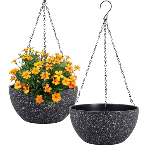 Meowell 12 inch Large Hanging Planters for Indoor Outdoor Plants, 2 Pack Hanging Flower Pots with Drainage Holes and Chain for Garden Porch, Plastic Hanging Baskets for House Plants, Speckled Black - color: Speckled Black, size: 12inch 2pcs