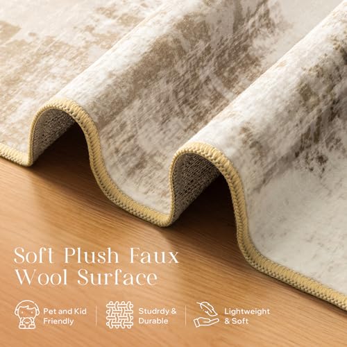 Phantoscope Washable Area Rug 5'x7' Non-Slip, Modern Neutral Boho Rugs for Living Room, Bedroom, Dining Room, Distressed Geometric Dune Pattern, Low-Pile Foldable Floor Carpet, Linen Beige/Taupe - color: Linen Beige/Taupe, size: 5' x 7' (Rectangular)