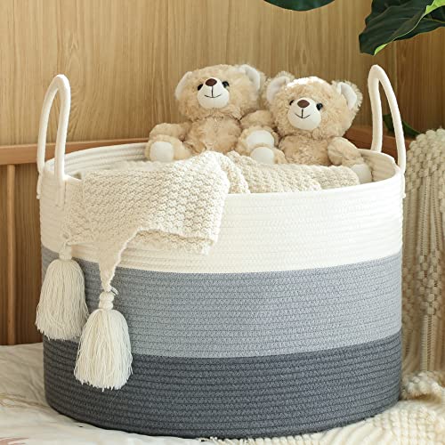 KAKAMAY Large Blanket Basket (20"x13"),Woven Baskets for storage Baby Laundry Hamper,Cotton Rope Blanket Basket for Living Room, Laundry, Nursery, Pillows, Baby Toy chest with Handles (White/Grey) - color: White and Grey