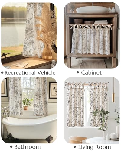 jinchan Black Floral Kitchen Tier Curtains Alice 24 Inches Tie Top 2 Panles - color: Alice Black on Linen, size: 26"W x 24"L (Pack of 2)