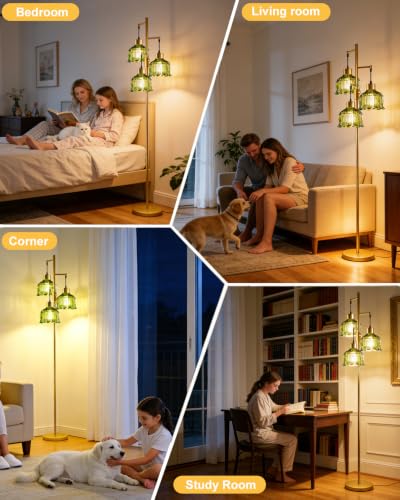Lightdot Green Glass Floor Lamp Dimmable with LED Bulbs & Flower Shade - color: 3 Green Glass-Gold I