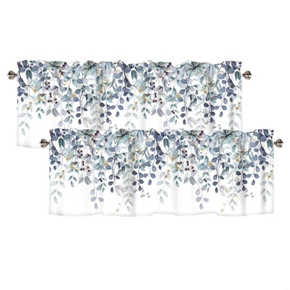 Dark Blue Eucalyptus Leaves Valances for Windows 2 Panels, 42x12 in - color: Eucalyptus Leaves-dark Blue, size: 42"W x 12"L (Pack of 2)