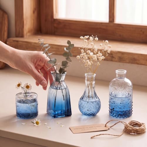 Clear Gradient Blue Glass Bud Vase Set of 12 Pcs,Small Bud Vases in Bulk,Glass Crystal Flower Vases Table Centerpieces for Party Event Wedding Decor Baby Shower Decorations (Gradient Blue, 12 Pcs) - color: Gradient Blue, size: 12 Pcs