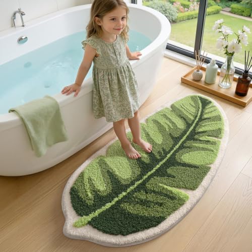 LUMI Cute Bathroom Rug Green Leaf, Absorbent Non Slip Bath Mat, 24"x48" - color: Ample Palm Leaf-large