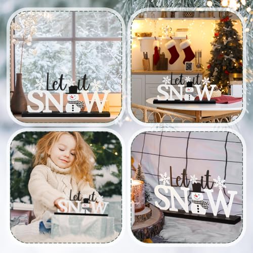 MiniInflat Let It Snow Table Decor Winter Metal Table Sign Christmas Black White Snowman Snowflake Decor with Wood Base for Winter Wonderland Decorations Xmas Home Tiered Tray Mantel Centerpiece - style: Let It Snow