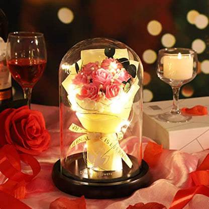 Beauty and The Beast Rose,Lasts Forever Pink Roses,Light Up Rose in Glass Dome,Gifts for Women,Birthday Gifts for Mom,Wife,Grandma,Anniversary,Mothers,Thanksgiving,Christmas Flowers Gifts - color: Pink