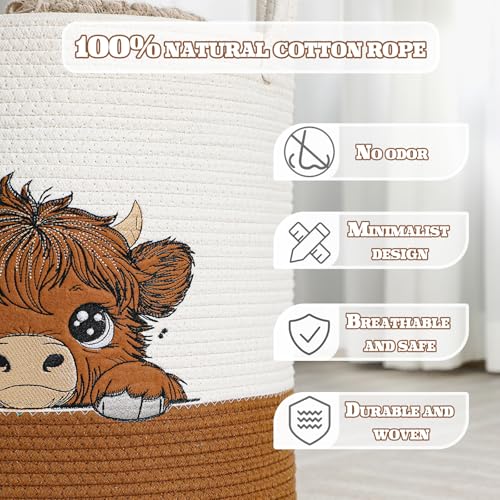 Honeydak Highland Cow Laundry Basket Brown Tall Cotton Rope Laundry Hamper - style: Highland Cow