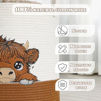 Honeydak Highland Cow Laundry Basket Brown Tall Cotton Rope Laundry Hamper - style: Highland Cow