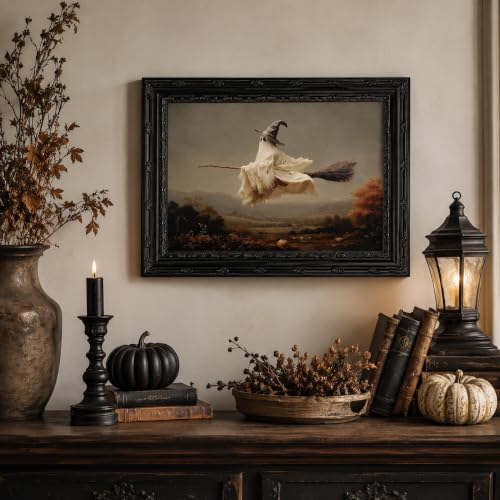 Framed Ghost Halloween Canvas Wall Art Witchy Broom Wall Decor 9x11 Inch
