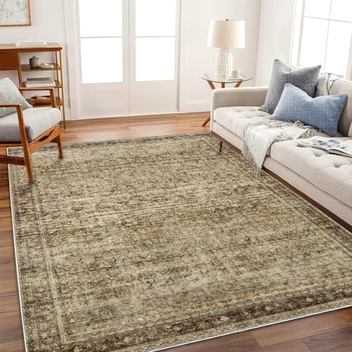 CHAMPLANT Area Rug 6x9 Washable Rug Dark Brown Vintage Traditional Distressed Thin Retro Kitchen Indoor Floor Cover Non Slip Carpet Floral Print Mat Living Room Bedroom Dining Room - color: Green and Brown, size: 6' x 9' (Rectangular)
