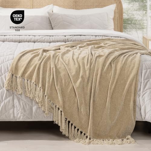 RECYCO Chenille Throw Blanket for Couch, 60"x80", Beige - color: Beige, size: 60'' X 80''