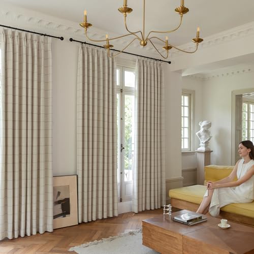 THREE GIRLS Pinch Pleated Plaid Curtains Blackout Linen Gingham Curtains for Living Room,Bedroom Checkered Patterned Insulated 84 Inches Long Double Layer 2 Panels Set Printed Design Darkening - color: Linen, size: 40"W x 84"L (Pack of 2)
