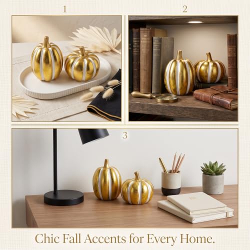 FESTGLOX 2Pcs Resin Pumpkin Figurines, Fall Thanksgiving Decor - color: Gold and White-2pcs