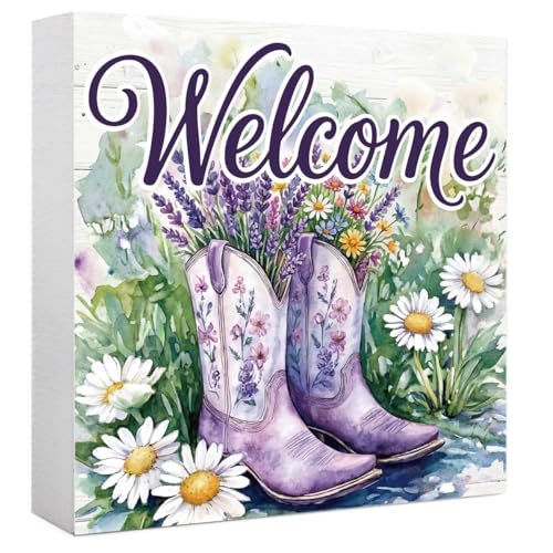 Welcome Sign Spring Daisy Wooden Box Sign, Spring Decorations for Home Office Bathroom Kitchen Rustic Wood Block Signs for Desk Shelf Table Decor - color: Welcome4