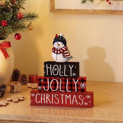 Smile 4 Pcs Wooden Christmas Block Signs, Holly Jolly Snowman Decor - style: Holly Jolly