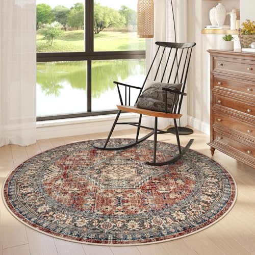 Lahome Oriental Washable Circle Rugs, Non-Slip Round Rug 4ft Ultra-Thin - color: Brick Red, size: 4'(Round)