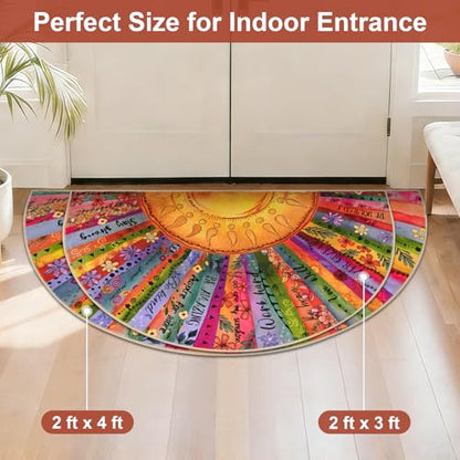 Likiyol Sun Entryway Rug 2x4 Small Rug, Half Circle Door Mat Indoor Entrance Inspirational Non Slip Rugs for Entryway, Soft Washable Faux Wool Small Throw Rugs for Entry, Kitchen, Fireplace, Low-Pile - size: 2' x 3'11" (Semicircular)