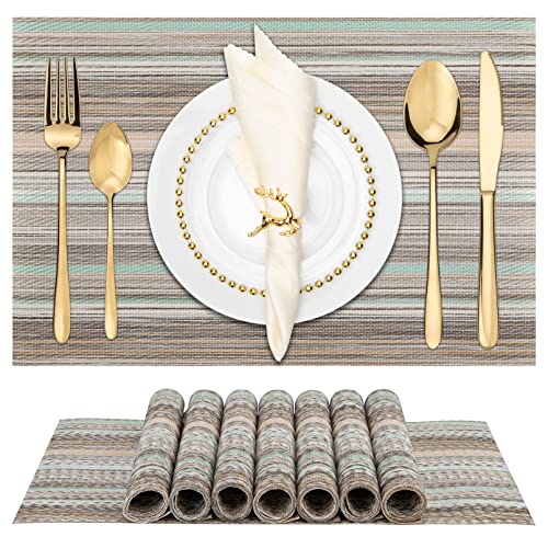 Winknowl Placemats Set of 8, Heat Resistant Non-Slip Vinyl Woven Table Mats for Dining Table, Washable Durable Elegant Place Mats for Kitchen Indoor/Outdoor Use (Teal Green) - color: Teal Green, size: Set of 8