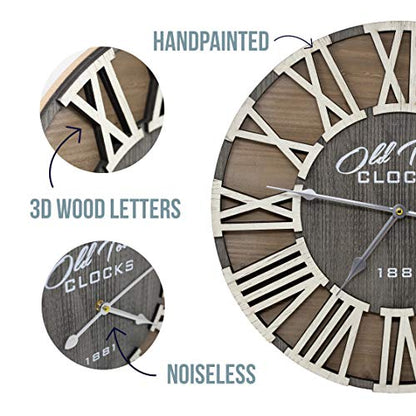 18" Rustic Farmhouse Wash Out Vintage Roman Wooden Wall Clock Silver Hands (Whitewood Lettering, 18 inch) - size: 18 inch