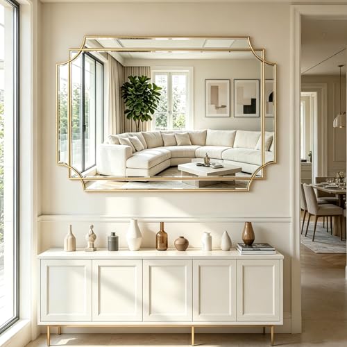 48"x32" Large Rectangle Beveled Mirror with Gold Geometric Frame - color: Gold, size: 48"L x 31.6"W