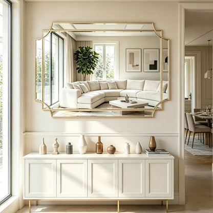 48"x32" Large Rectangle Beveled Mirror with Gold Geometric Frame - color: Gold, size: 48"L x 31.6"W