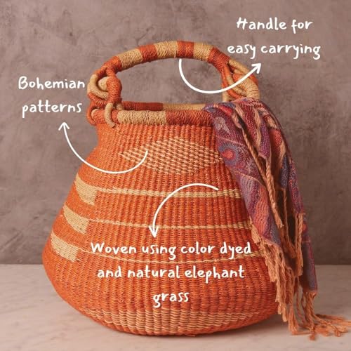Large Orange Bolga Basket, Decorative Wicker Bolga Basket, African Woven Pot Basket, 16" Wide - size: Orange Geometric
