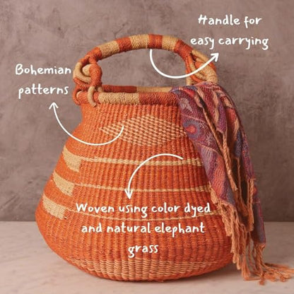 Large Orange Bolga Basket, Decorative Wicker Bolga Basket, African Woven Pot Basket, 16" Wide - size: Orange Geometric