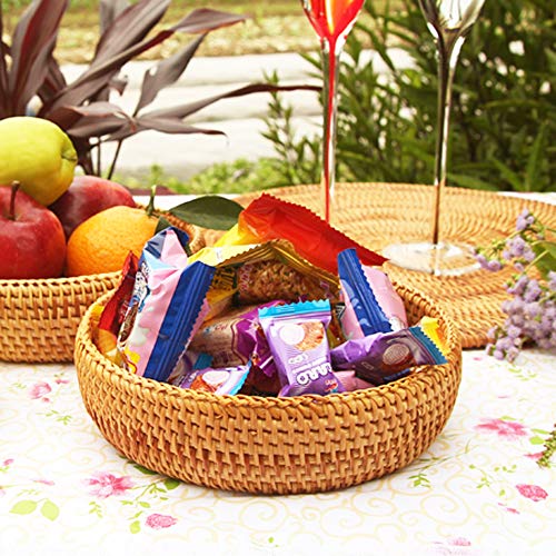 Hadewoven Round Rattan Fruit Basket Wicker Food Tray Weaving Storage Holder Dinning Room Bowl, 7”Decorative Natural Basket Woven Fruit Basket Bowl for Entryway Table, Countertop (Small 7”) - size: Small 7"