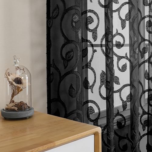 OWENIE Furman Black Sheer Curtains 54 inch Length for Living Room Bedroom 2 Panels Set, Lightweight Small Window Curtains with Geometric Jacquard Clip Voile Curtains, Dual Rod Pocket, 28Wx54L inch - color: Black, size: 28"W x 54"L (Pack of 2)