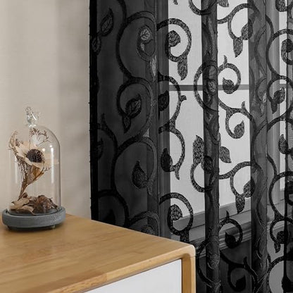 OWENIE Furman Black Sheer Curtains 54 inch Length for Living Room Bedroom 2 Panels Set, Lightweight Small Window Curtains with Geometric Jacquard Clip Voile Curtains, Dual Rod Pocket, 28Wx54L inch - color: Black, size: 28"W x 54"L (Pack of 2)