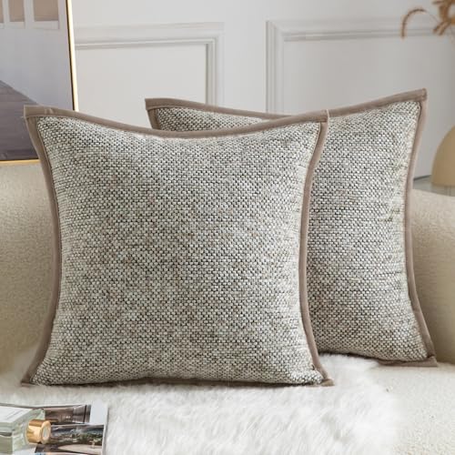 Yaertun Pack of 2 Tie-dye Chenille Textured Throw Pillow Covers Decorative Square Accent Cushion Cover Cozy Soft Velvet Pillow Case for Couch Sofa Bedroom Living Room 18x18 Inch Khaki - color: Khaki, size: 18" x 18" (Pack of 2)