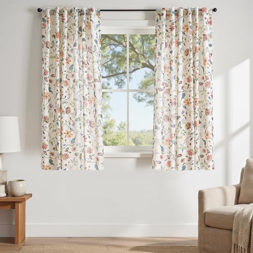 jinchan Beige Floral Linen Curtains 63 Inch Farmhouse Back Tab 2 Panels - color: Hattie Beige, size: 50"W x 63"L (Pack of 2)