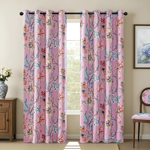 MYSKY HOME Pink Floral Blackout Curtains 84 inches Long for Living Room Bedroom Thermal Insulated Light Blocking Drapes Spring French Country Coquette Flower Window Panels Girls Room, 2 Pcs, 52" Wide - color: Pink, size: 52"W x 84"L (Pack of 2)