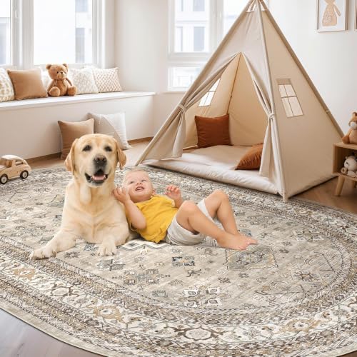 cotiled 5x8 Ellipse Area Rug for Living Room, Washable, Traditional, Beige - color: Beige, size: 5' x 8' (Oval)