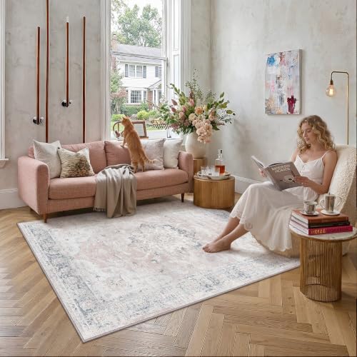 PureCozy Pink Blue 4x6 Area Rug Washable Vintage Distressed - color: Vintage | Pink Blue, size: 4' x 6' (Rectangular)