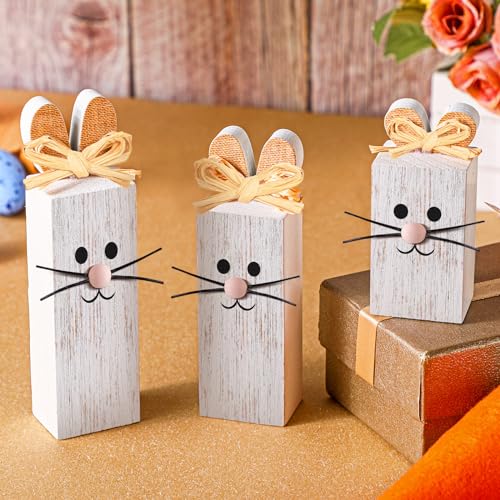 BBTO 3 Pcs Easter Table Decor Bunny Wooden Tiered Tray Decor Rabbit Tabletop Decoration Block Sign Table Centerpiece for Spring Home Decoration Home Shelf Office Kitchen Desk Party Supply(Rabbit) - style: Rabbit