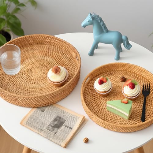 Round Rattan Serving Tray with Handles, Natural Wicker Decorative Tray for Serving, Fruit/Bread Serving Basket, Round Woven Tray，13.8inch+11.8inch, Gift Idea Choice (M+L) - size: 13.8"+11.8"